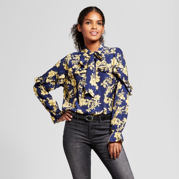Women's Long Sleeve Printed Ruffle Yoke Blouse - K By Kersh Navy
