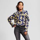 Women's Long Sleeve Printed Ruffle Yoke Blouse - K By Kersh Navy