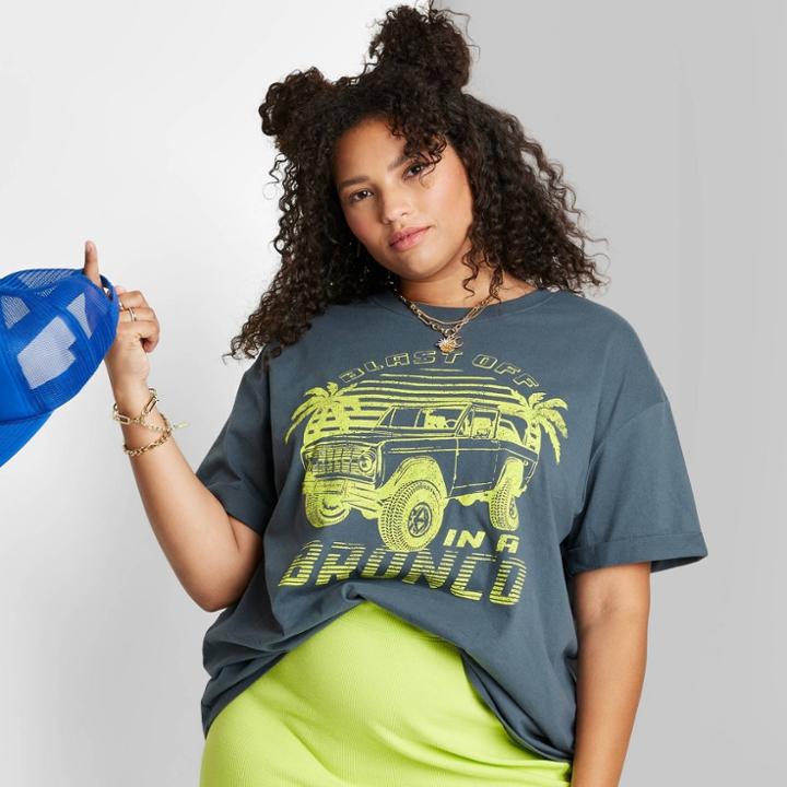 Women's Plus Size Ascot + Hart Graphic Rolled Short Sleeve T-shirt - Gray