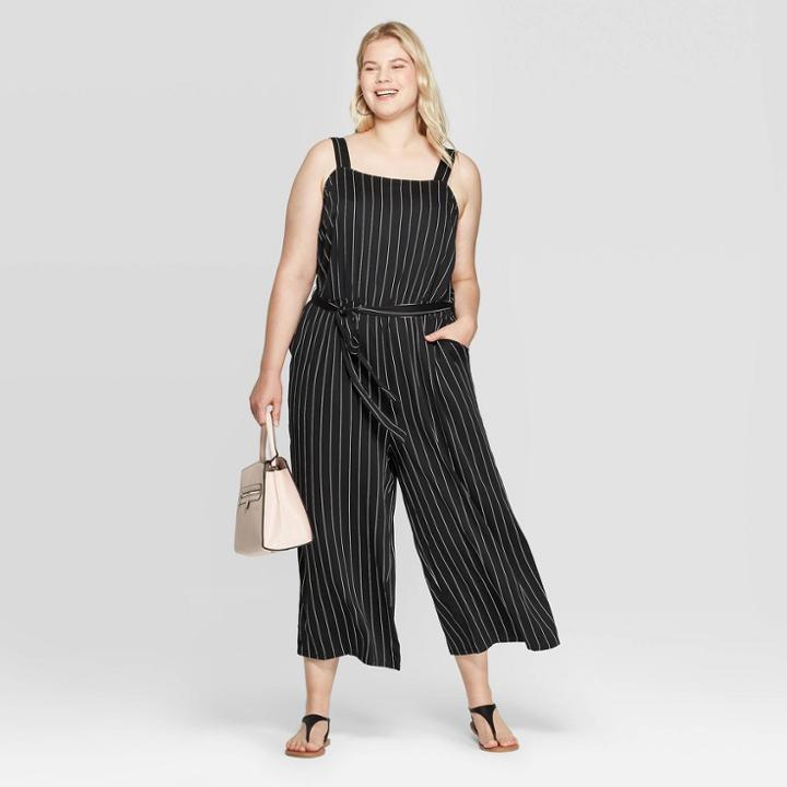 Women's Plus Size Striped Sleeveless Square Neck Jumpsuit - Ava & Viv Black