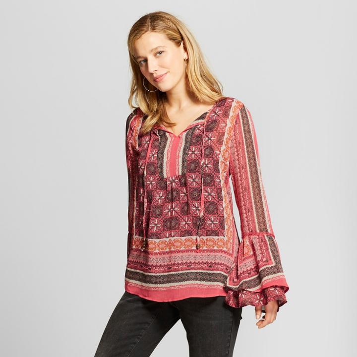 Women's Long Sleeve Printed Peasant Top - Knox Rose Coral