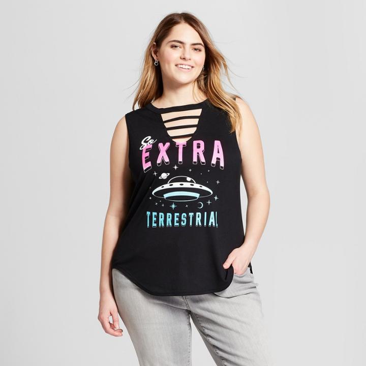 Modern Lux Women's Plus Size Extra Alien Strappy V-neck Graphic Tank Top - Modern