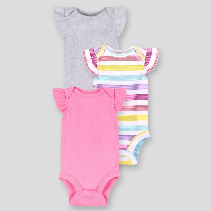 Lamaze Baby Girls' Organic Cotton 3pk Striped And Solid Flutter Sleeve Bodysuit - Pink