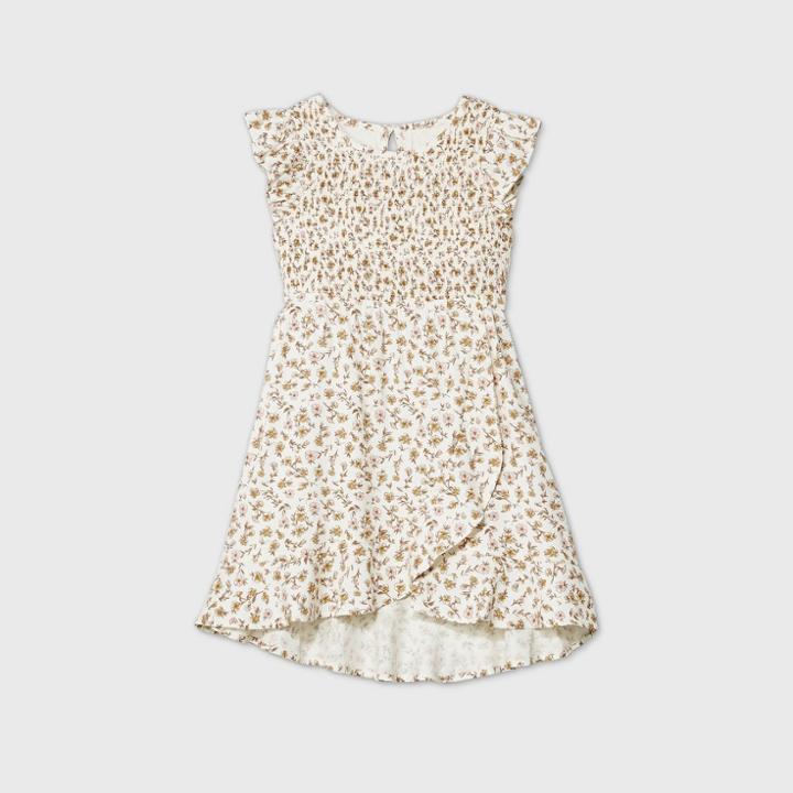 Toddler Girls' Short Sleeve Floral Smocked Wrap Skirt Dress - Art Class Ivory