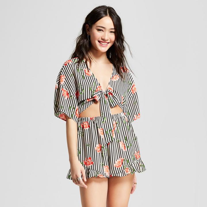 Women's Striped Short Sleeve Tie Front Top - Le Kate (juniors') Black