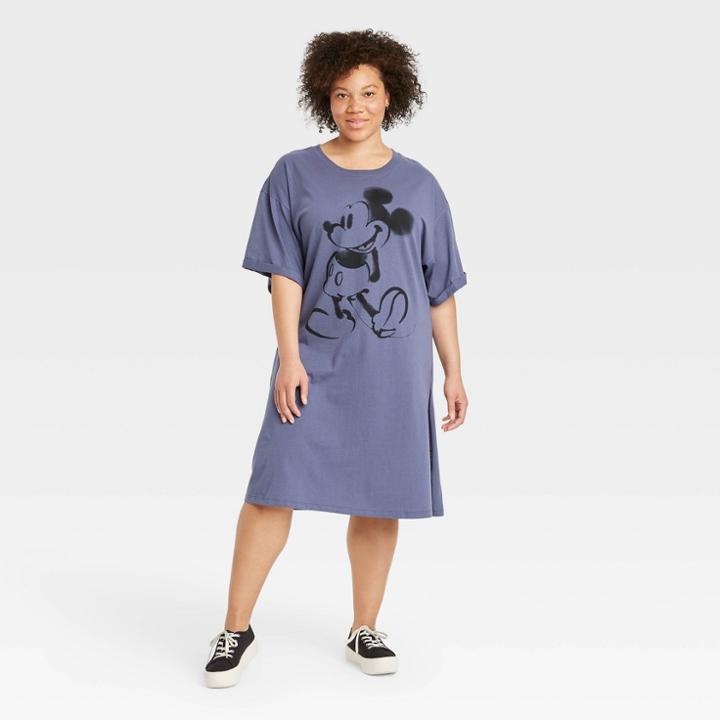 Women's Disney Plus Size Mickey Short Sleeve Graphic T-shirt Dress - Blue