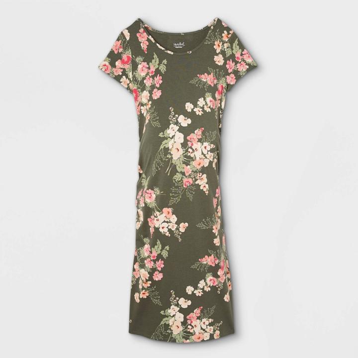 Floral Print Short Sleeve T-shirt Maternity Dress - Isabel Maternity By Ingrid & Isabel Olive Green