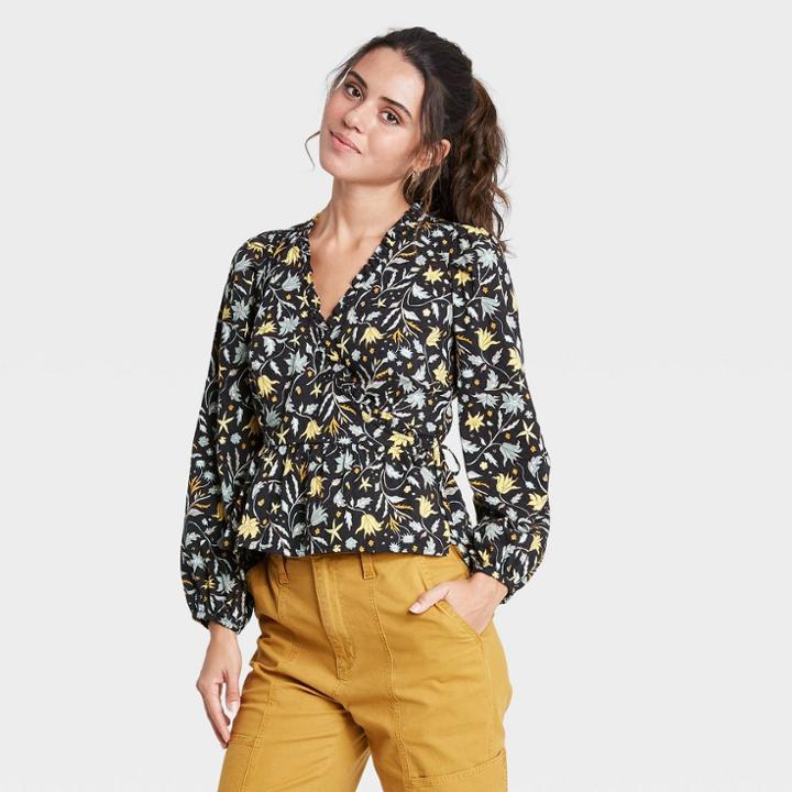 Women's Floral Print Balloon Long Sleeve Wrap Top - Universal Thread Black