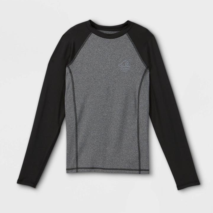 Boys' Raglan Wave Print Long Sleeve Rash Guard Swim Shirt - Art Class Black