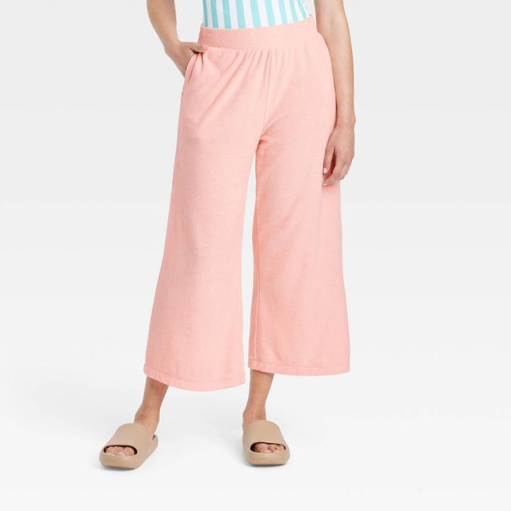 Women's High-rise French Terry Wide Leg Ankle Pull-on Pants - A New Day Blush