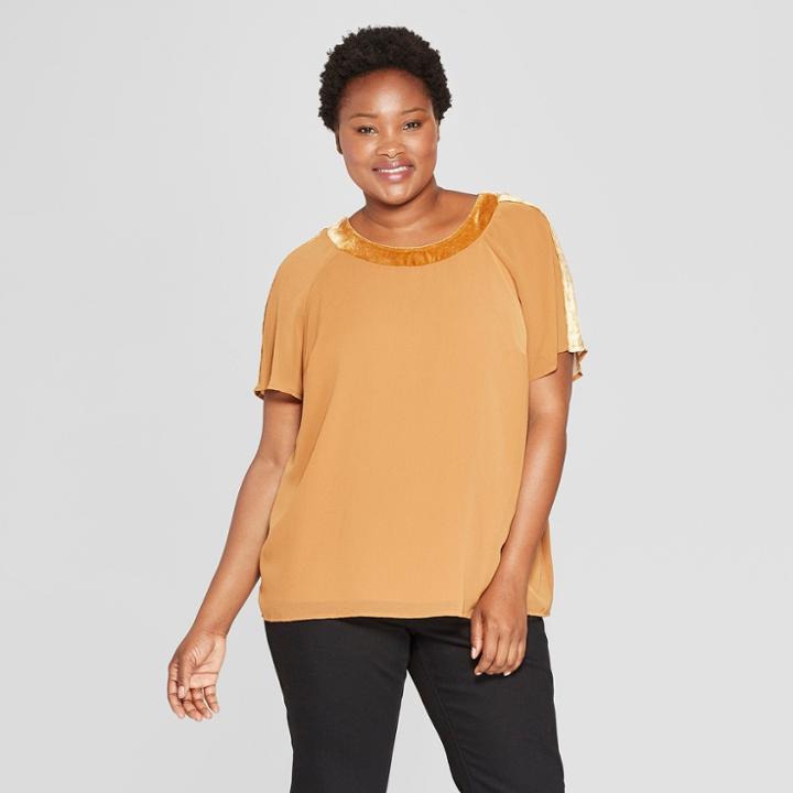 Women's Plus Size Velvet Trim Neckline Short Sleeve Top - Ava & Viv Rust (red)