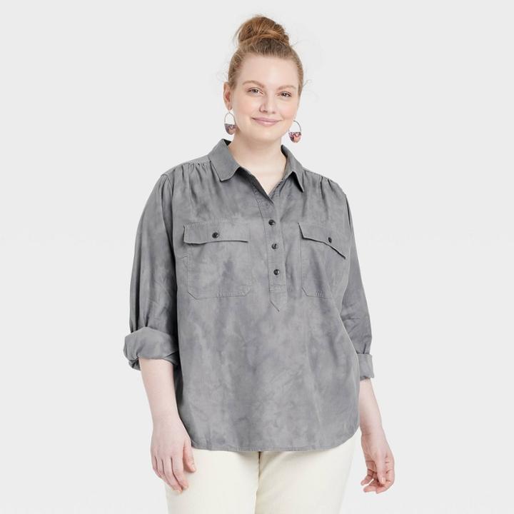 Women's Plus Size Long Sleeve Button-down Shirt - Universal Thread Gray