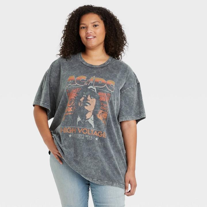 Women's Ac/dc Plus Size World Tour Short Sleeve Oversized Graphic T-shirt - Charcoal Gray