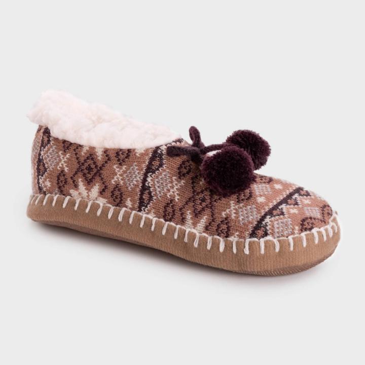 Muk Luks Women's Ballerina Slipper Socks With Pom Poms - Rose