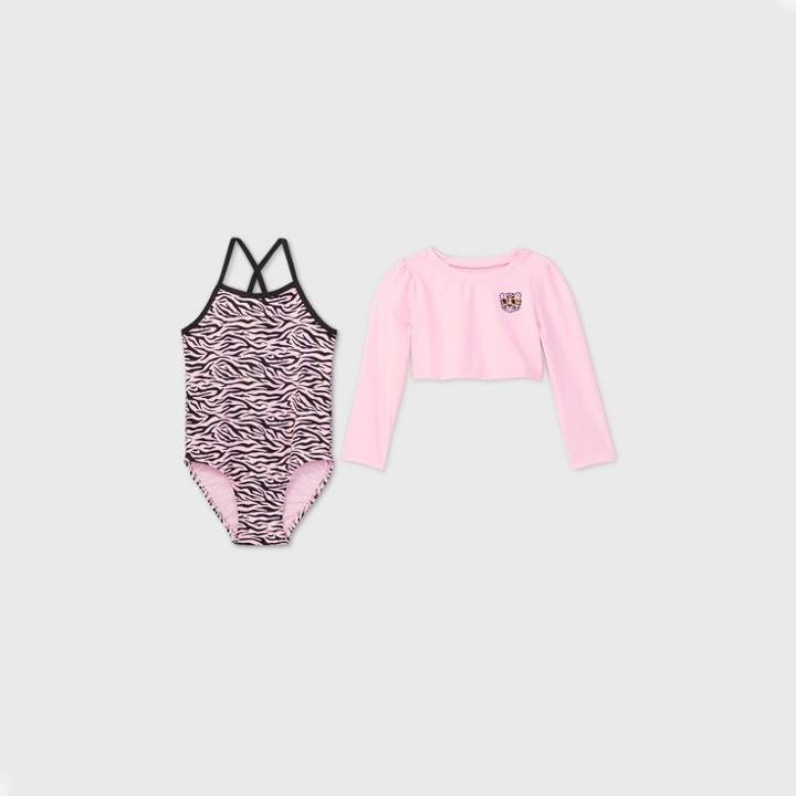 Toddler Girls' 2pc Zebra Print One Piece Swimsuit And Long Sleeve Crop Top Rash Guard Set - Cat & Jack Pink
