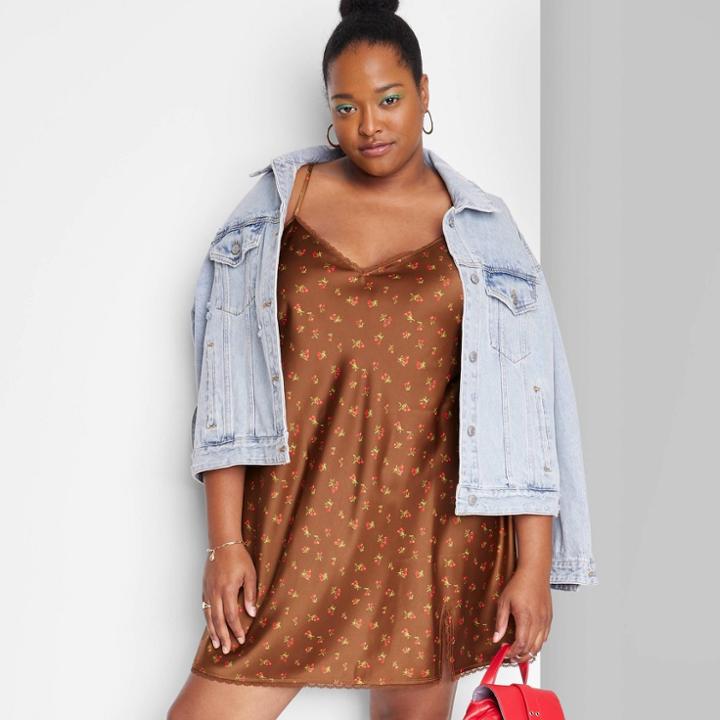 Women's Plus Size Lace Trim Slip Dress - Wild Fable Copper Cherries 1x, Brown Cherries