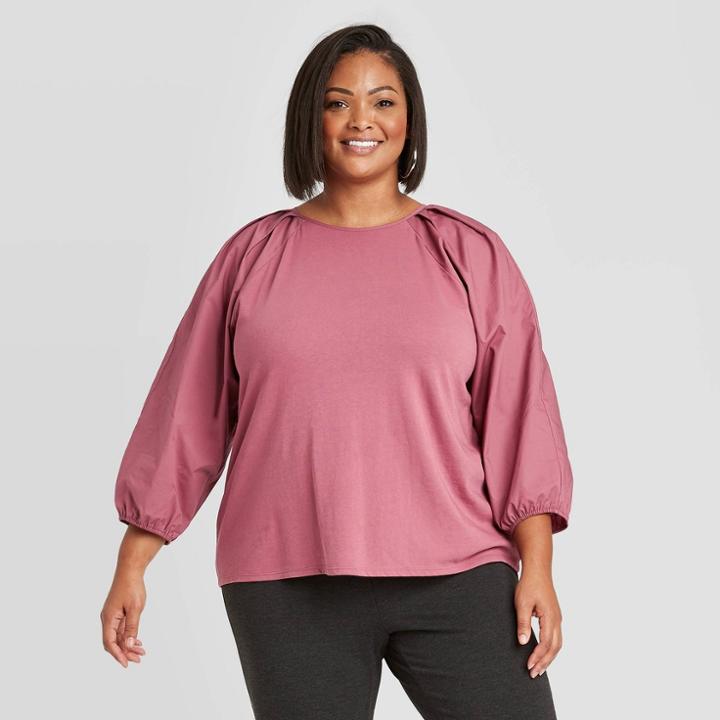 Women's Plus Size Long Sleeve Mixed Poplin T-shirt - A New Day Purple