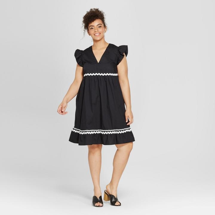 Women's Plus Size Frill Sleeve Ric Rac Mini Dress - Who What Wear Black X