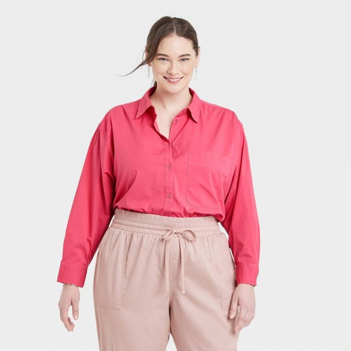 Women's Plus Size Long Sleeve Oversized Button-down Boyfriend Shirt - A New Day Pink