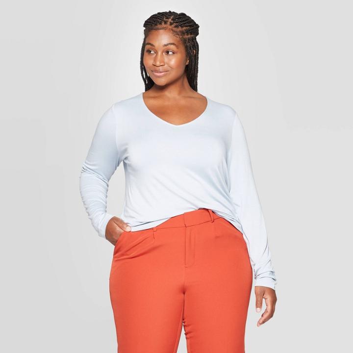 Women's Plus Size Long Sleeve V-neck T-shirt - Ava & Viv Light Blue 1x, Women's,