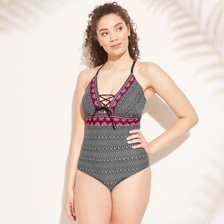 Women's Lace-up One Piece Swimsuit - Kona Sol Black/white