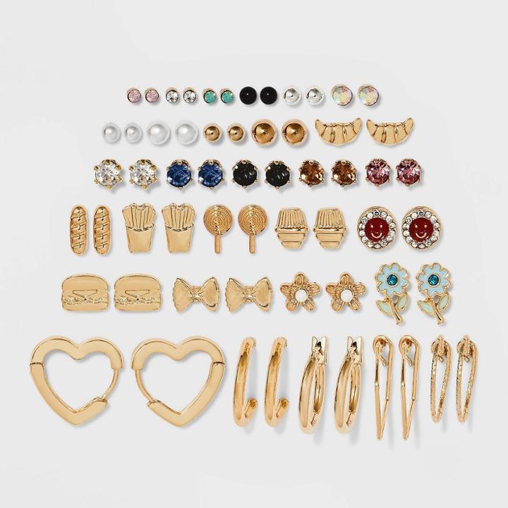 Cupcake And Flower Studs With Mixed Shape Hoops Earring Set 30ct - Wild Fable , Gold/nickel/white
