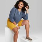 Women's Plus Size Long Sleeve Boxy Waffle Henley T-shirt - Wild Fable Blue