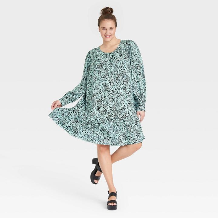 Women's Plus Size Floral Print Long Sleeve Woven Dress - Ava & Viv Blue X
