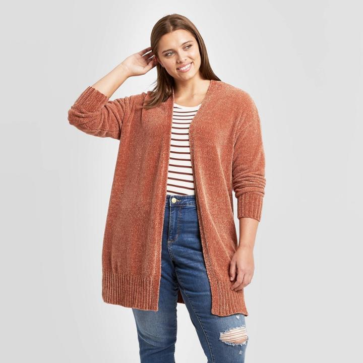 Women's Plus Size Open Neck Chenille Cardigan - Ava & Viv Brown X