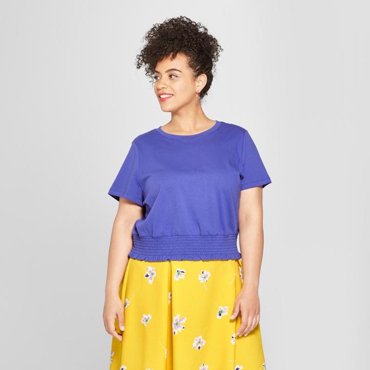 Women's Plus Size Short Sleeve Smocked Crop T-shirt - Who What Wear Blue X
