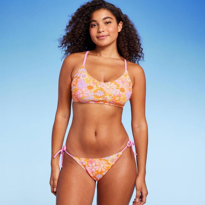 Women's Scoop Bralette Bikini Top - Wild Fable Orange Floral Print D/dd Cup