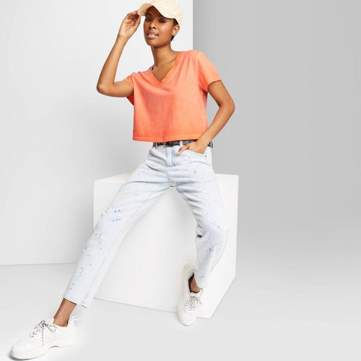 Women's Short Sleeve Boxy Cropped V-neck T-shirt - Wild Fable Orange