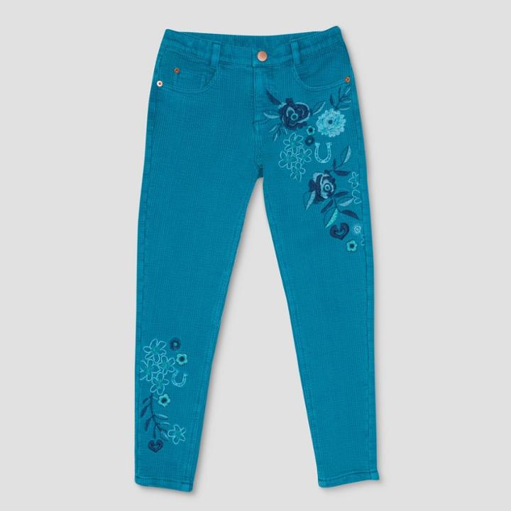 Girls' Spirit Riding Free Flowers Embroidered Jeans - Turquoise