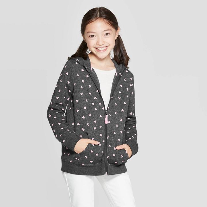 Girls' Long Sleeve Animal Print Zip-up Fleece Hoodie - Cat & Jack Black