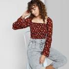 Women's Floral Print Puff Long Sleeve Smocked Milkmaid Top - Wild Fable Burgundy