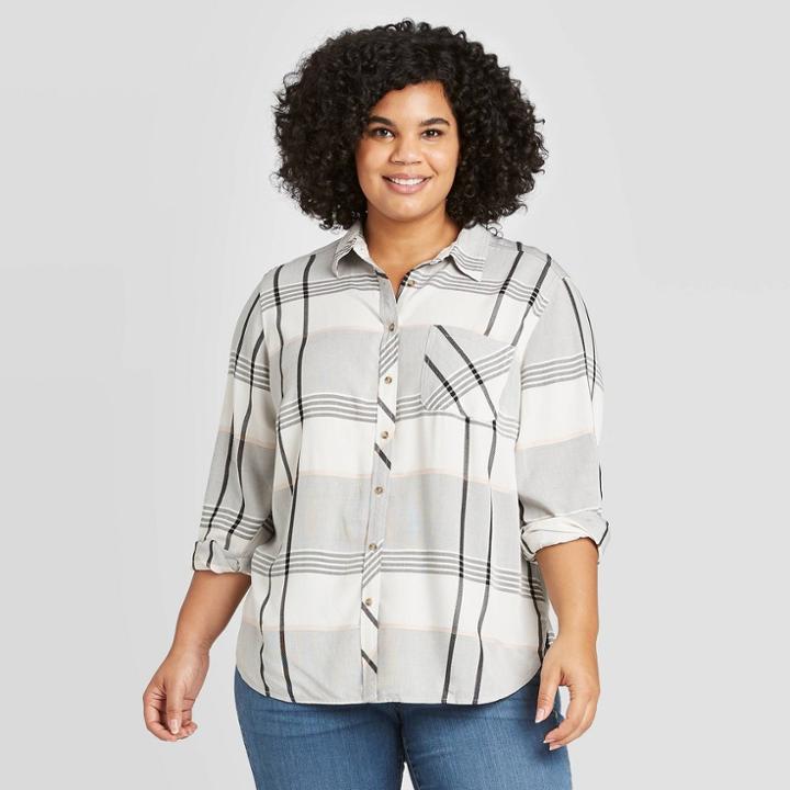 Women's Plus Size Plaid Long Sleeve Collared Button-down Top - Universal Thread Cream 1x, Women's, Size: