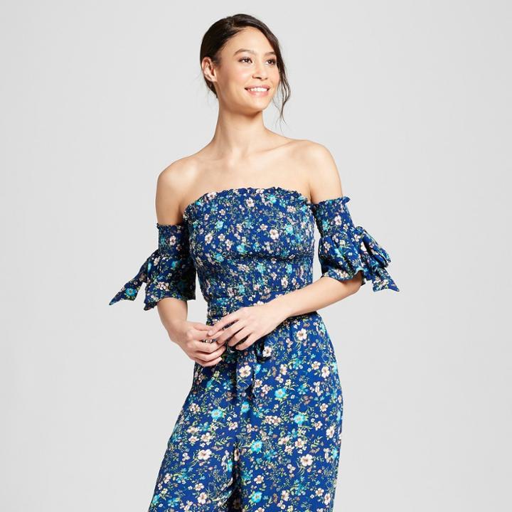 Women's Floral Print Off The Shoulder Smocked Crop Top - Xhilaration Navy (blue),