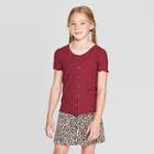 Girls' Button Front Lettuce Edge Top - Art Class Maroon (red)