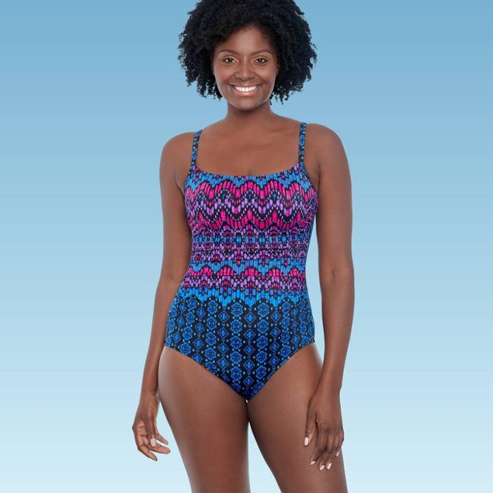 Women's Slimming Control Shirred Scoop Neck One Piece Swimsuit - Dreamsuit By Miracle Brands Blue