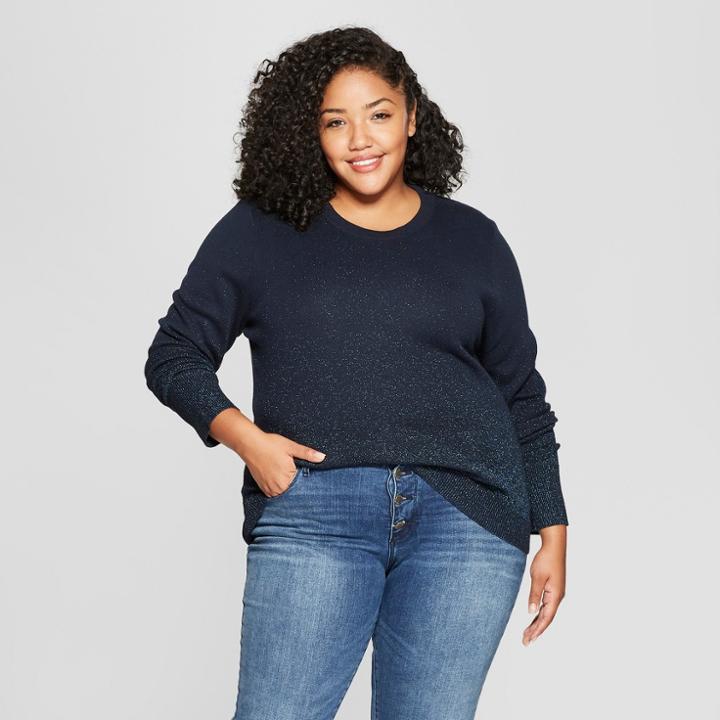 Women's Plus Size Metallic Pullover Sweater - A New Day Navy