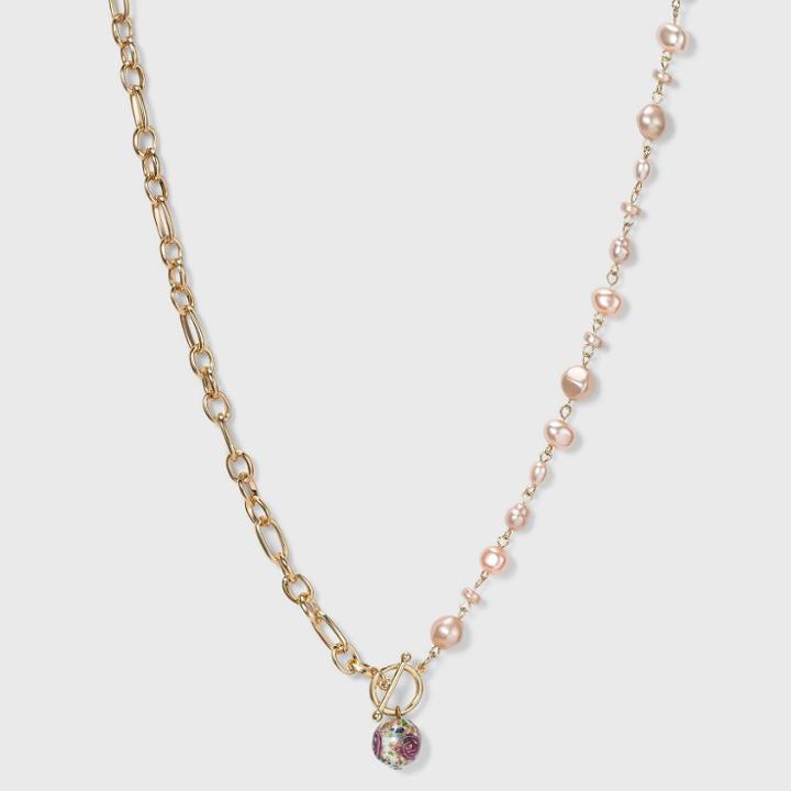 Chain Link And Simulated Pearl With Floral Bead Pendant Necklace - A New Day Pink