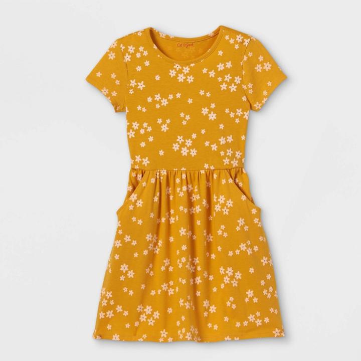 Girls' Printed Jersey Short Sleeve Knit Dress - Cat & Jack Mustard Yellow