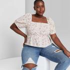 Women's Plus Size Puff Short Sleeve Eyelet Square Neck Peplum Top - Wild Fable White Floral