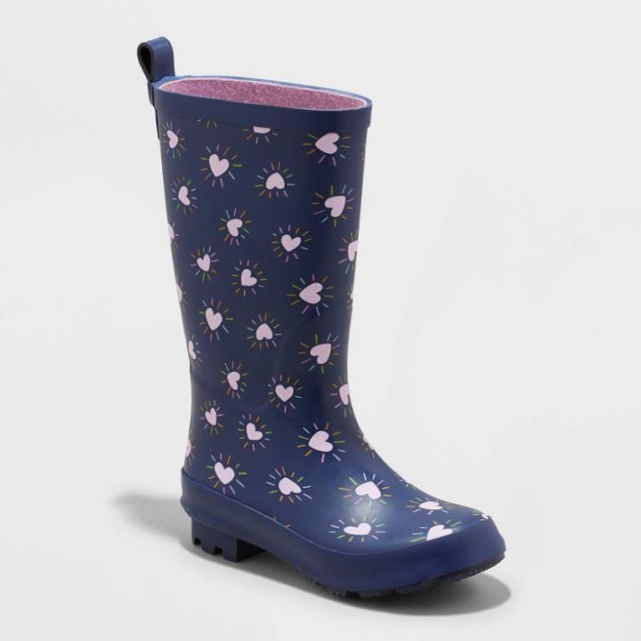Girls' Alina Heart Print Rain Boots - Cat & Jack Navy 4, Blue/heart Print