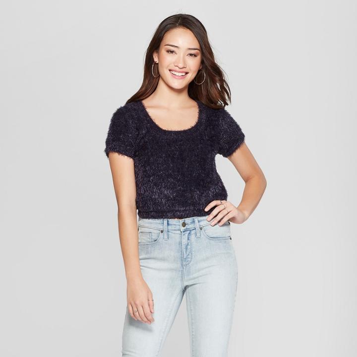 Women's Short Sleeve Fuzzy Crop Sweater T-shirt - Soul Cake (juniors') Navy