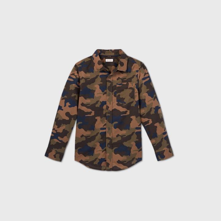 Boys' Poplin Printed Long Sleeve Button-down Shirt - Cat & Jack Green