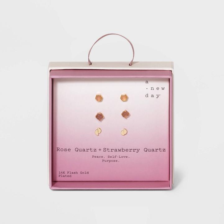 Silver Plated Semi-precious Stud Earring Set 3pc - A New Day Strawberry And Rose Quartz