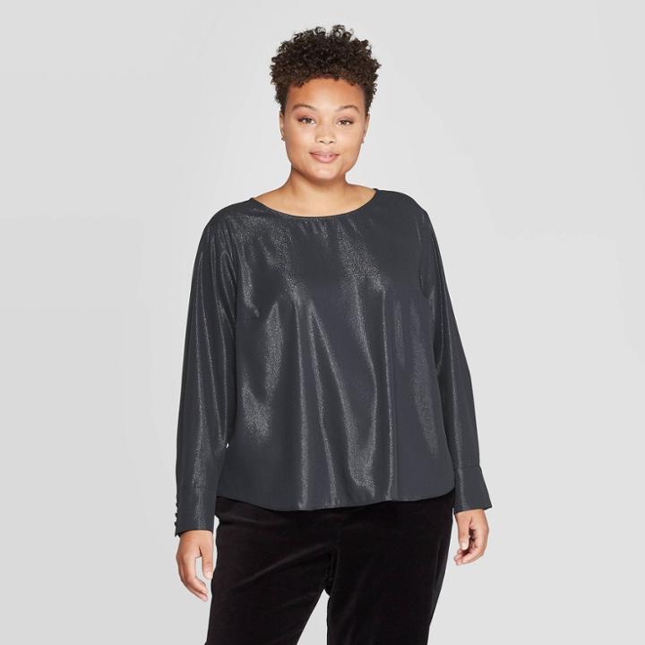 Women's Plus Size Long Sleeve Crewneck Shine Blouse - Ava & Viv Black