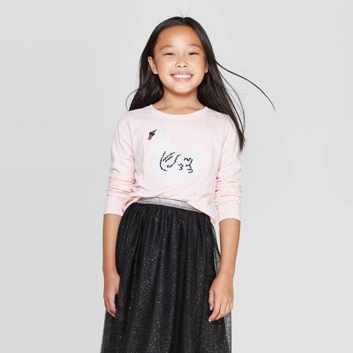 Girls' Long Sleeve Flip Sequin Swan T-shirt - Cat & Jack Powder Pink M, Girl's,