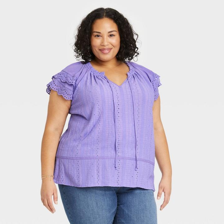Women's Plus Size Flutter Short Sleeve Eyelet Blouse - Knox Rose Violet